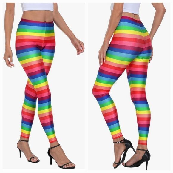 ☔️🔸️NWOT Rainbow Stripe Fitted Full Length Leggings Medium - Picture 1 of 10